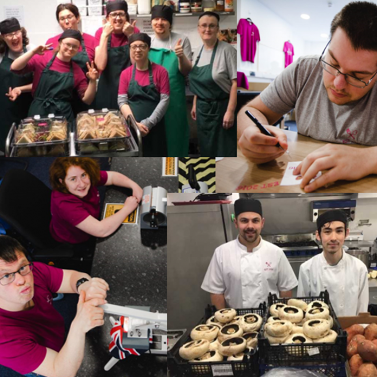 A collage of photos of young people posing for photographs in the kitchen as they show off their culinary skills