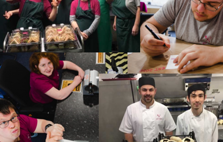 A collage of photos of young people posing for photographs in the kitchen as they show off their culinary skills
