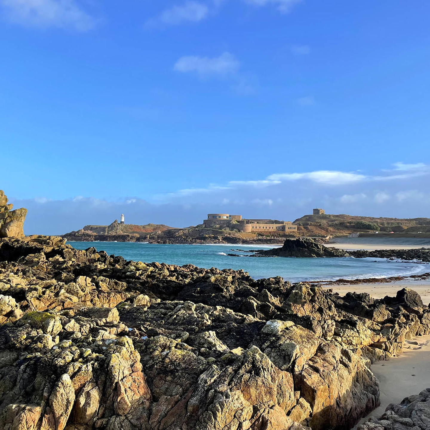 An image of a beach with many rocks. A castle is also visible in the distance